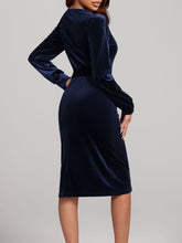 Round Neck Tie Waist Long Sleeve Velvet Dress OutfitFlow